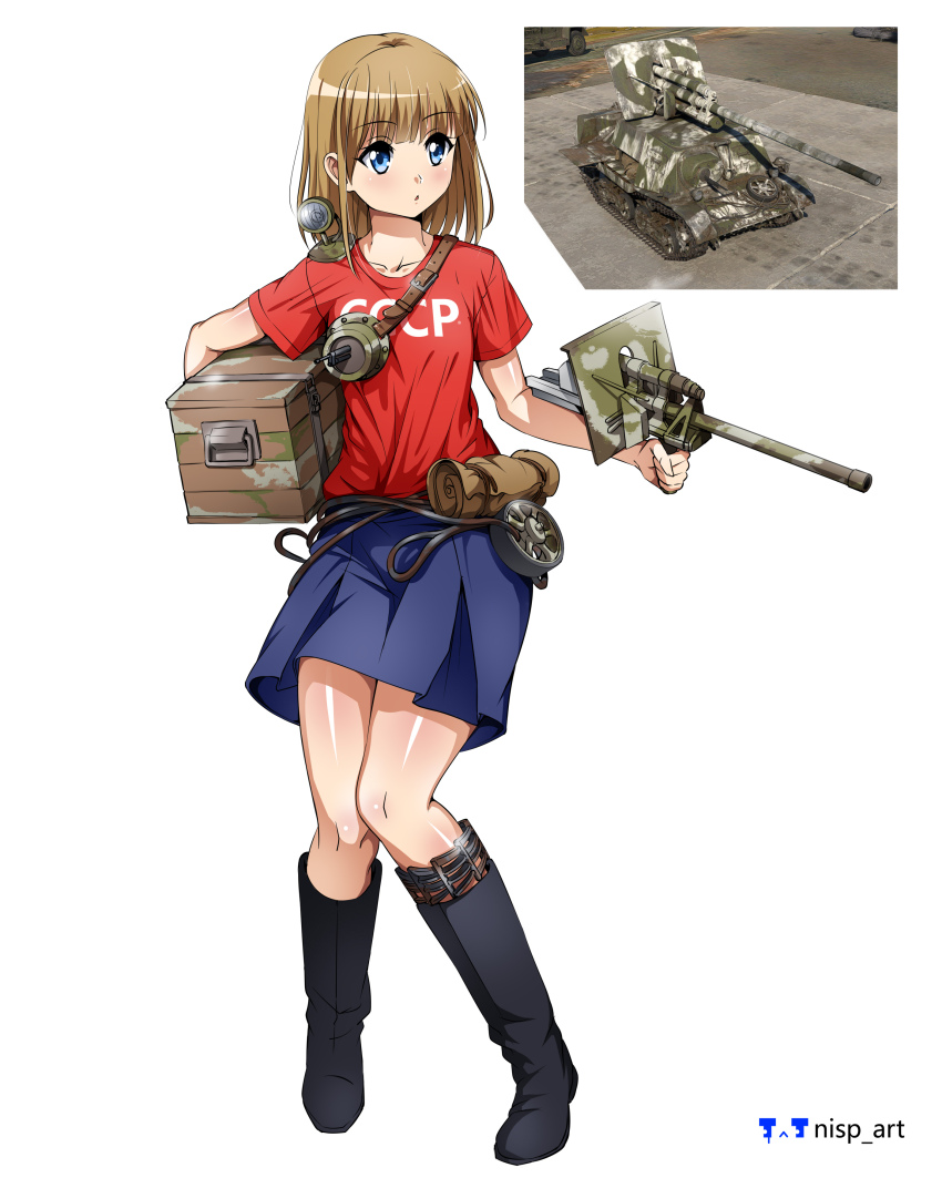 1girl absurdres ammunition_box artist_name black_boots blue_eyes blue_shirt blue_skirt boots brown_hair dp-27 full_body gun highres humanization machine_gun mecha_musume military_vehicle motor_vehicle nisp_art reference_inset russian_text self-propelled_artillery shirt skirt soviet_army standing war_thunder weapon white_background zis-30