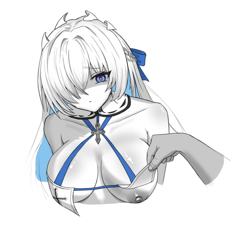 1girl 1other armpit_crease azur_lane bare_shoulders blue_bow blue_eyes blue_hair bow braid breasts brennus_(azur_lane) closed_mouth collarbone colored_inner_hair cropped_torso cross cross_necklace hair_bow hair_over_one_eye highres jewelry large_breasts multicolored_hair necklace nipples pitza shaded_face simple_background unamused white_background white_hair