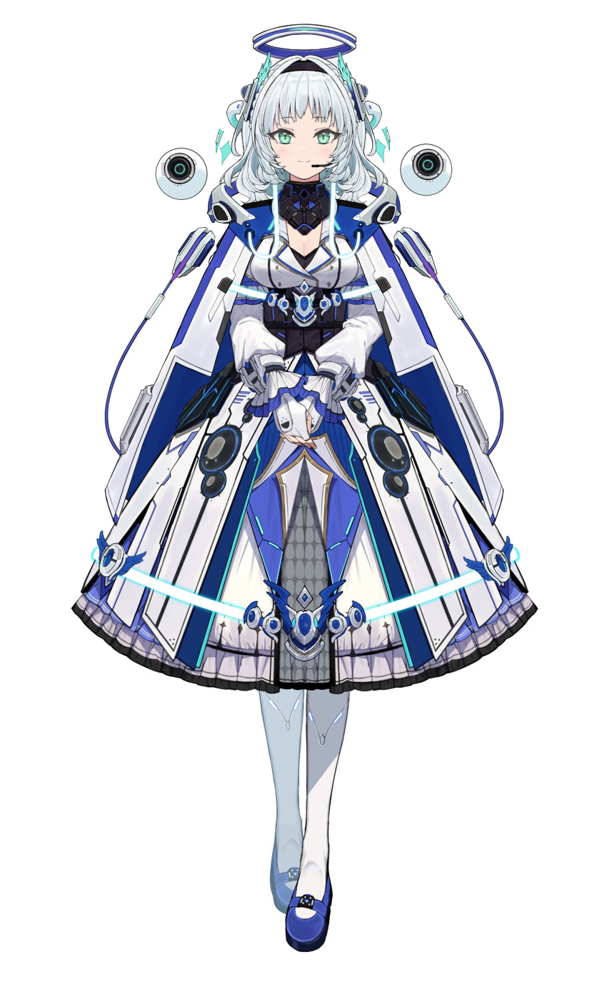 1girl blue_halo blue_shoes braid breasts cleavage closed_mouth cropped dress full_body green_eyes grey_hair halo headset highres kamishiro_rita looking_at_viewer official_art pantyhose prism_project shoes simple_background smile solo tachi-e third-party_source touzai_(poppin_phl95) virtual_youtuber white_background white_dress white_pantyhose