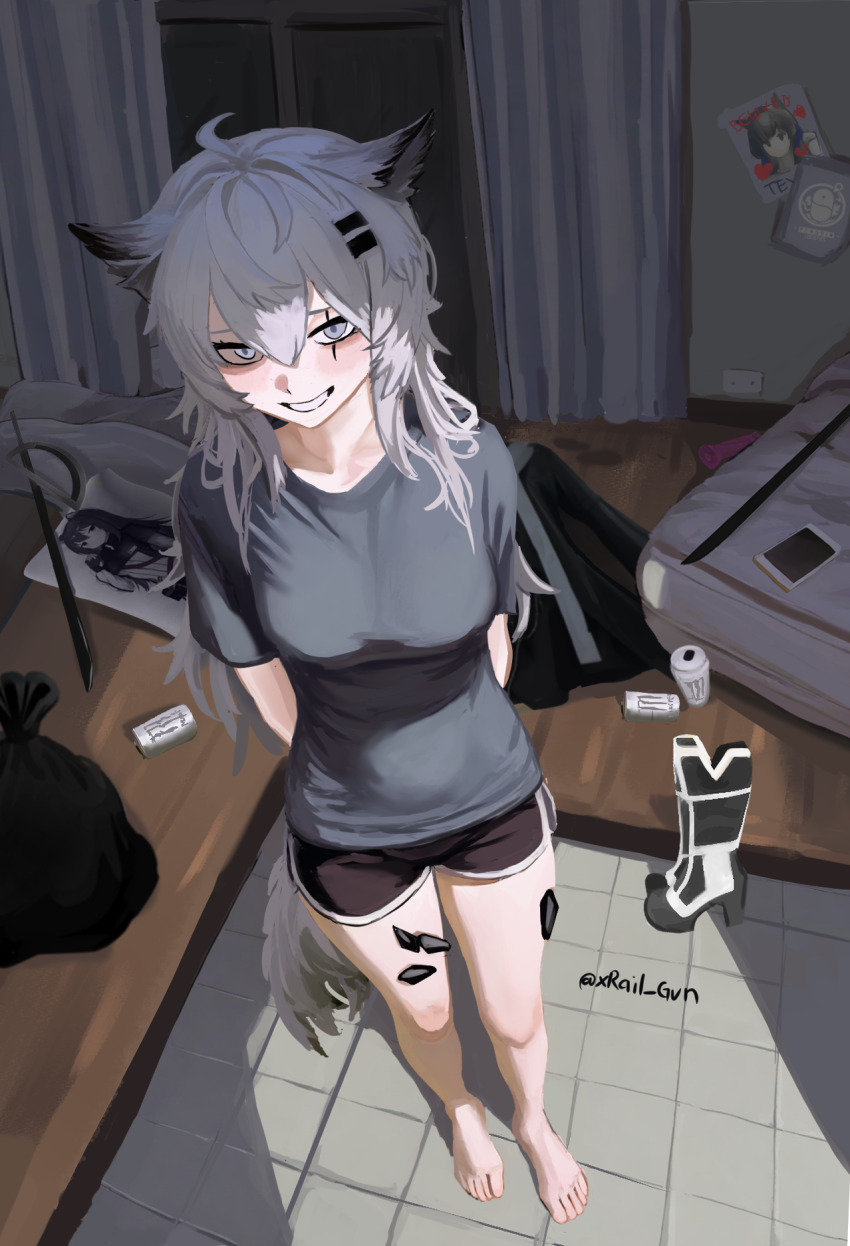1girl animal_ears arknights arms_behind_back barefoot black_boots black_shorts blaizepascal boots can cellphone collarbone commentary curtains dakimakura_(object) dildo dolphin_shorts drink drink_can english_commentary feet full_body grey_eyes grey_hair grey_shirt grey_tail hair_between_eyes hair_ornament hairclip heart highres indoors knee_boots lappland_(arknights) long_hair material_growth messy_room monster_energy neet nervous_smile oripathy_lesion_(arknights) penguin_logistics_logo phone pillow poster_(object) product_placement scar scar_across_eye scar_on_face sex_toy shirt short_shorts short_sleeves shorts smartphone smile solo standing t-shirt tail texas_(arknights) toes trash_bag unworn_boots wolf_ears wolf_girl wolf_tail