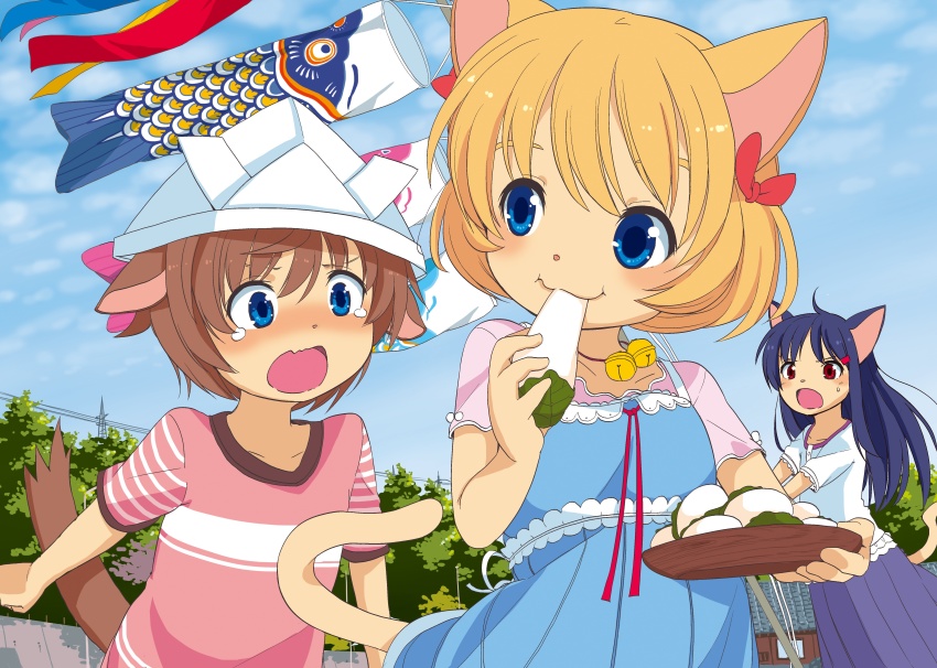1boy 2girls absurdres animal_ears blonde_hair blue_dress blue_eyes blue_hair blush body_fur brown_hair cat_ears cat_tail child day dress eating food furry fuyuno_mikan highres holding holding_food long_hair multiple_girls original outdoors paper_hat pleated_skirt radish short_hair skirt tail tears