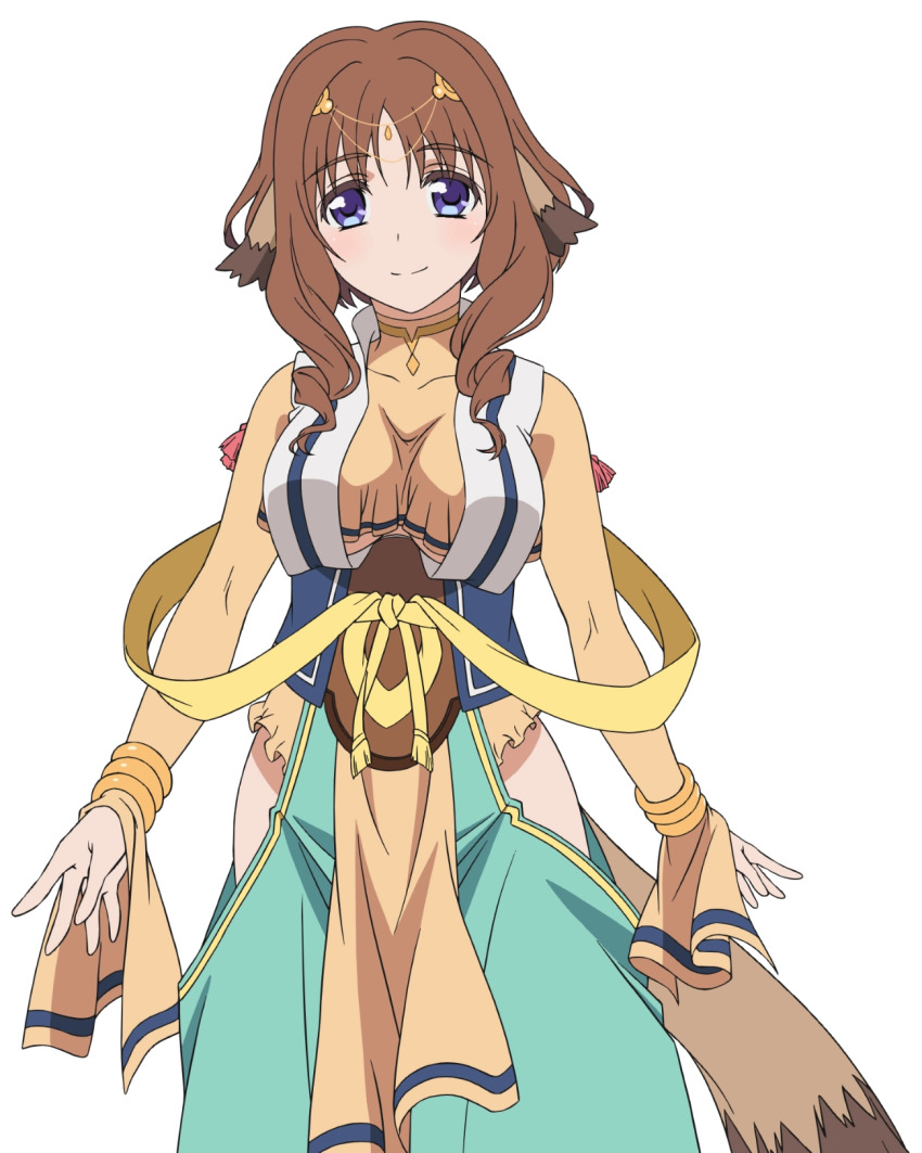 1girl ainu_clothes animal_ears aquaplus blue_eyes blush bracelet breasts brown_hair cleavage closed_mouth collarbone covered_collarbone cowboy_shot curly_hair dress fumirul hair_between_eyes hair_ornament hair_over_shoulder head_tilt highres hip_vent jewelry large_breasts long_sleeves looking_at_viewer medium_hair nakata_masahiko official_art raised_eyebrows sidelocks smile solo standing tail transparent_background underboob utawarerumono utawarerumono:_futari_no_hakuoro white_fox_(company)
