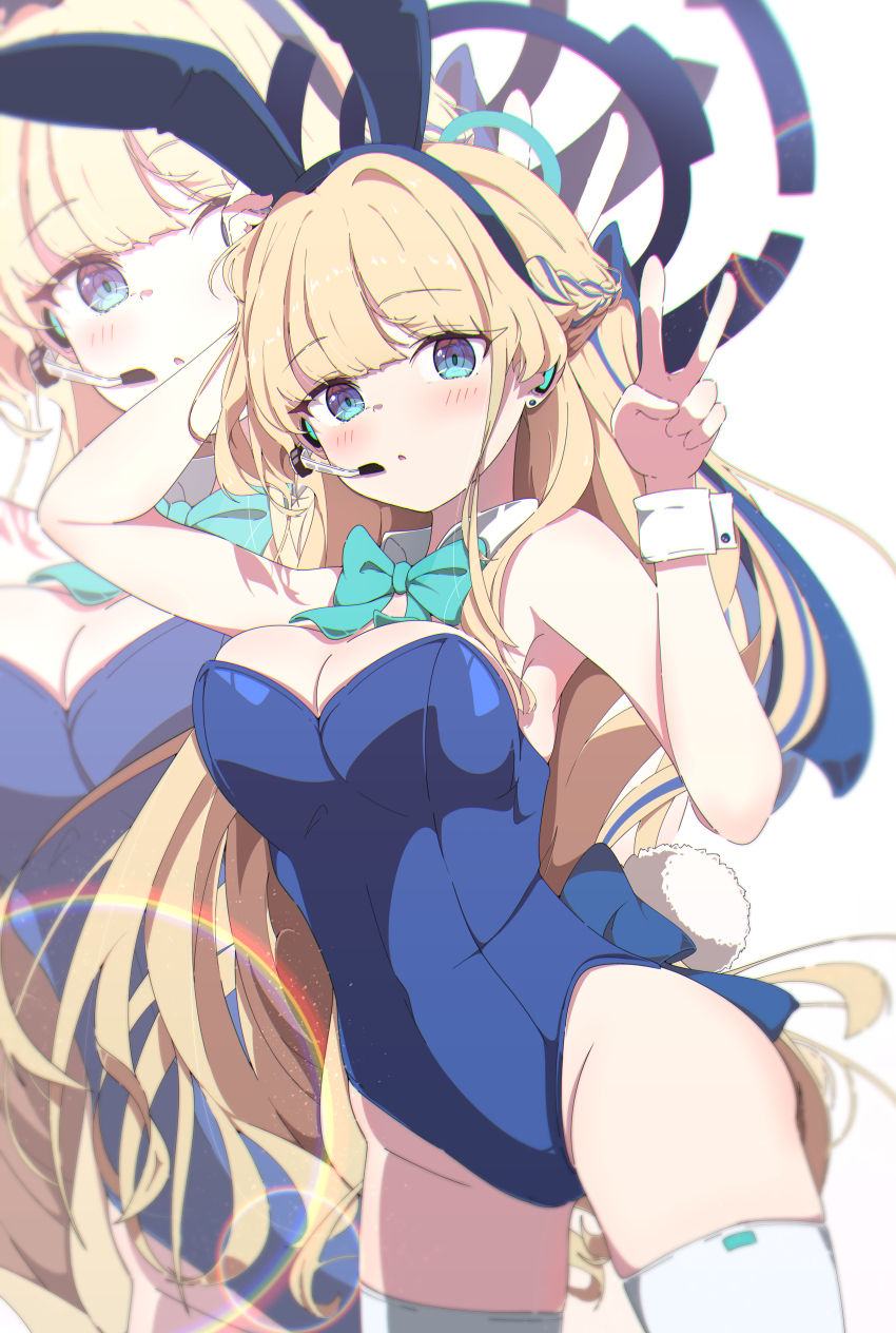 1girl absurdres animal_ears aqua_bow aqua_bowtie bare_shoulders blonde_hair blue_archive blue_eyes blue_hair blue_hairband blue_halo blue_leotard blush bow bowtie braid breasts commentary_request cowboy_shot detached_collar fake_animal_ears fake_tail floating_hair groin hair_intakes hairband half_up_braid halo hands_up highleg highleg_leotard highres kame_(nokonoko10271) leotard long_hair looking_at_viewer medium_breasts multicolored_hair official_alternate_costume official_alternate_hairstyle parted_lips playboy_bunny rabbit_ears rabbit_tail strapless strapless_leotard streaked_hair tail thighhighs toki_(blue_archive) toki_(bunny)_(blue_archive) v very_long_hair white_background white_thighhighs white_wrist_cuffs wrist_cuffs zoom_layer