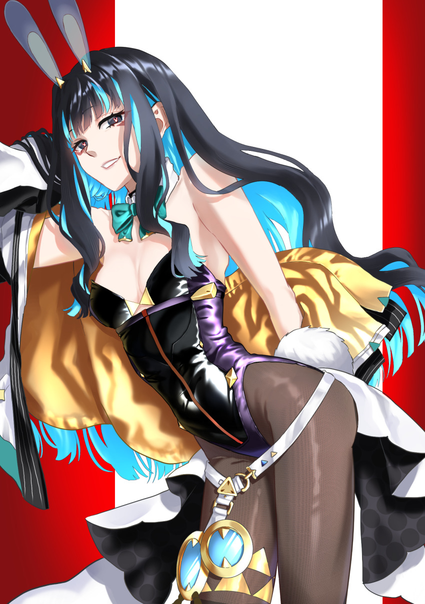 1girl animal_ears black_hair black_leotard blue_hair brown_pantyhose colored_inner_hair eyeliner fate/grand_order fate_(series) glowing_pupils gold_jacket grey_eyes highleg highleg_leotard highres jacket leotard makeup multicolored_hair multicolored_jacket multicolored_leotard pantyhose playboy_bunny rabbit-shaped_pupils rabbit_ears symbol-shaped_pupils tenochtitlan_(fate) tenochtitlan_(swimsuit_mooncancer)_(fate) tenochtitlan_(swimsuit_mooncancer)_(third_ascension)_(fate) two-sided_gloves two-tone_jacket uzu_asc wavy_hair yellow_jacket