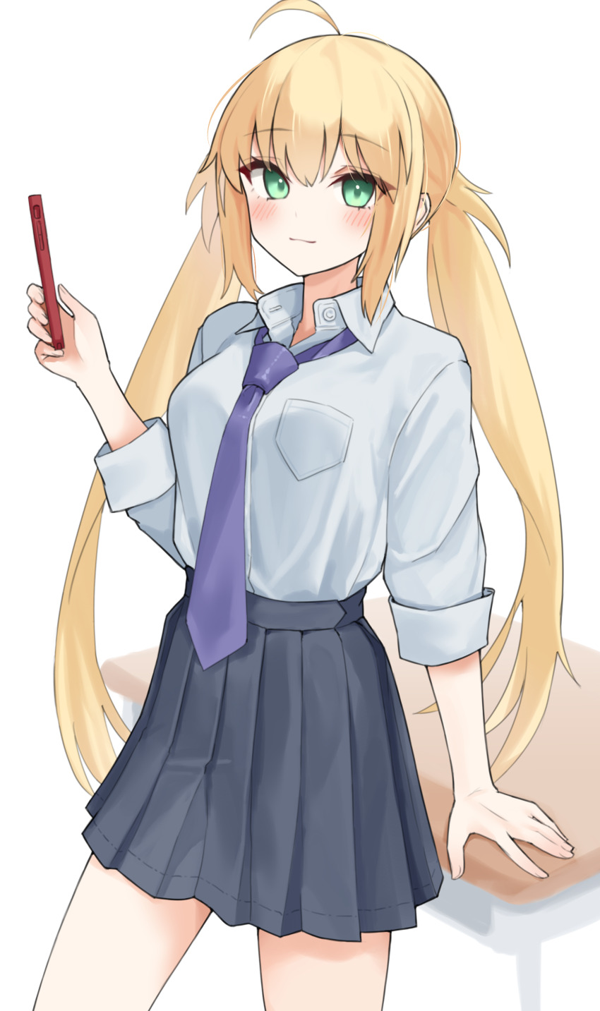 1girl absurdres ahoge artoria_caster_(fate) artoria_pendragon_(fate) blonde_hair blush breasts cellphone collared_shirt fate/grand_order fate_(series) green_eyes grey_skirt highres kopaka_(karda_nui) long_hair looking_at_viewer necktie phone pleated_skirt shirt skirt sleeves_rolled_up small_breasts smile solo thighs twintails white_shirt