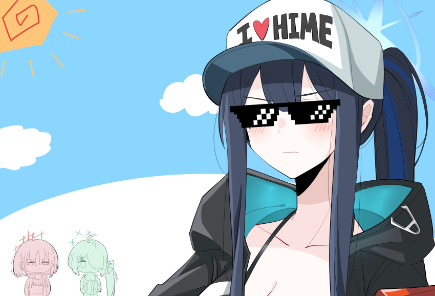 3girls arikalovesyou2 arknights baseball_cap black_hair black_jacket blue_archive blue_hair blue_sky blush ch&#039;en_(arknights) closed_mouth cloud collarbone english_text female_tourist_c_(arknights) halo hat highres hiyori_(blue_archive) implied_yuri ishigami_shizuka jacket long_hair looking_at_another misaki_(blue_archive) multicolored_hair multiple_girls ponytail saori_(blue_archive) side_ponytail sky sparkle streaked_hair sun swimsuit voice_actor_connection white_hair