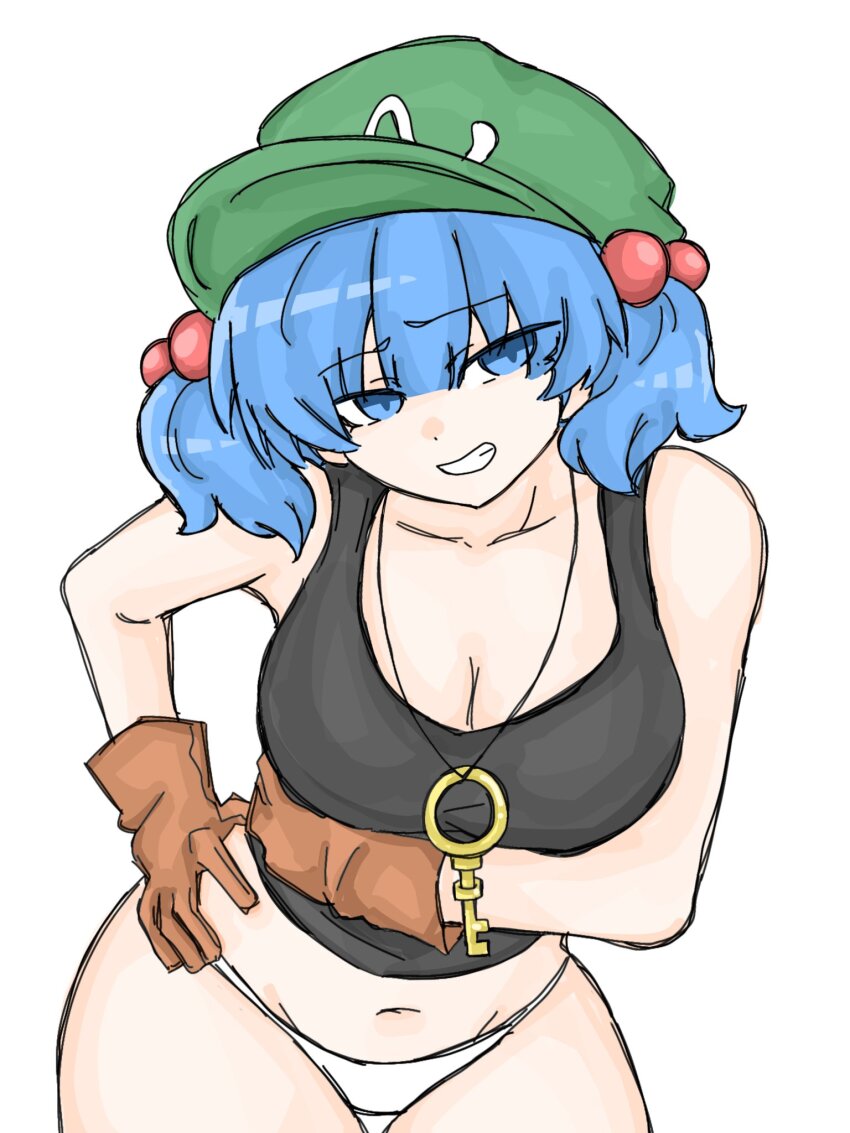 1girl arm_under_breasts black_tank_top blue_eyes blunt_bangs breasts brown_gloves cleavage commentary_request cowboy_shot flat_cap fumomono gloves green_hat grin hair_bobbles hair_ornament hat highres jewelry kawashiro_nitori key key_necklace large_breasts leaning_forward looking_at_viewer medium_hair navel necklace no_pants panties simple_background smile solo tank_top touhou two_side_up underwear white_background white_panties