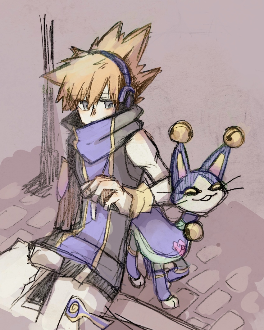 1boy absurdres bare_shoulders belt blue_eyes cat crossover cuddling dream_eater_(kingdom_hearts) headphones high_collar highres kingdom_hearts kingdom_hearts_3d:_dream_drop_distance male_focus mp3_player sakuraba_neku shirt shorts sitting sleeveless sleeveless_shirt smile solo solo_focus spiked_hair subarashiki_kono_sekai white_shorts wristband