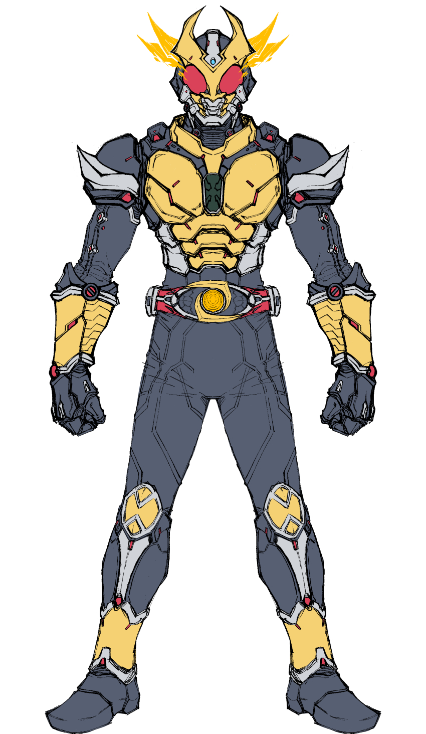 1boy absurdres agito_(ground_form) altering_(agito) armor belt black_bodysuit bodysuit breastplate clenched_hand compound_eyes rider_belt full_armor full_body gauntlets gloves gold_armor gold_horns heisei helmet highres horns kamen_rider kamen_rider_agito kamen_rider_agito_(series) looking_at_viewer mask red_eyes rider_belt standing tokusatsu zd19990214
