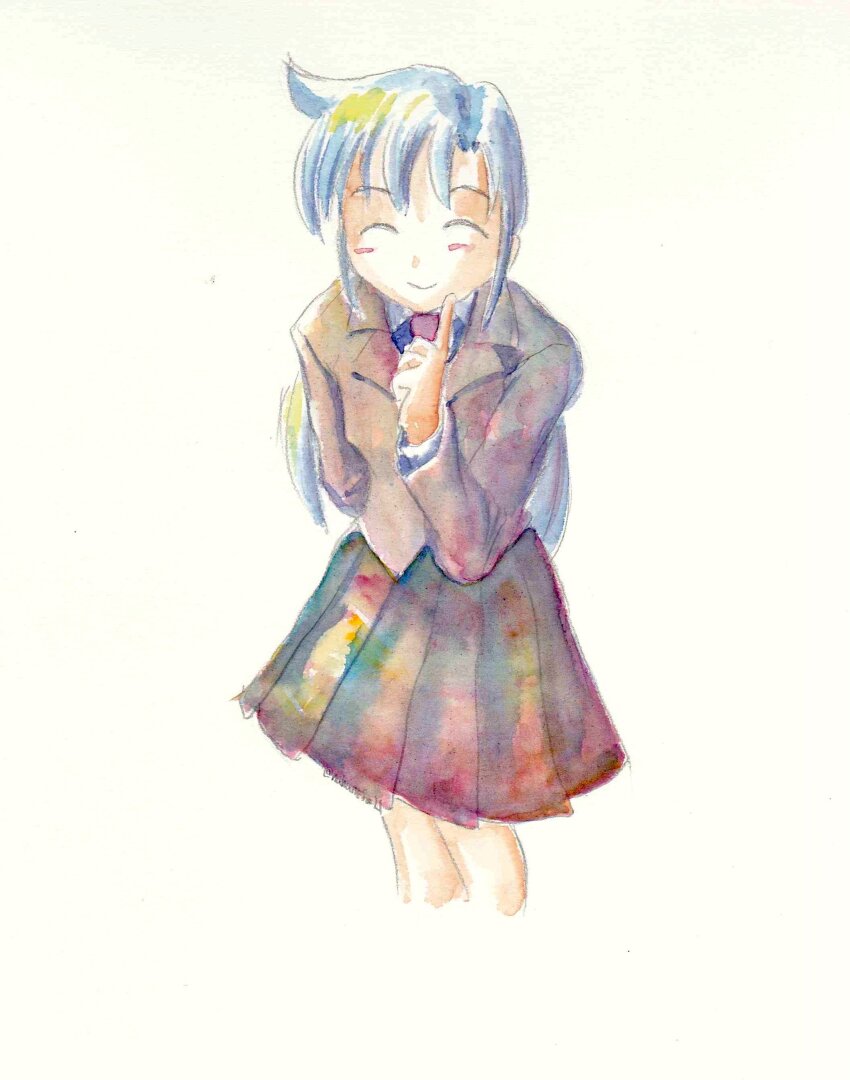1girl ^_^ absurdres black_skirt blue_hair closed_eyes facing_viewer finger_to_mouth goshiki_agiri grey_jacket highres jacket kill_me_baby long_hair necktie pleated_skirt shirt simple_background skirt smile solo twingle_(keikyu210001) white_background white_shirt
