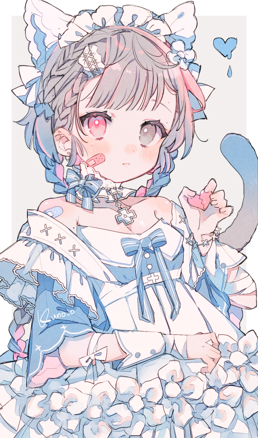 1girl bandaid bandaid_on_face blue_bow bow braid broken_heart cat_tail cross cross_necklace dress grey_eyes grey_hair hair_ornament heart heterochromia highres jewelry jikuno maid_headdress necklace off_shoulder original pink_eyes simple_background solo tail white_dress wrist_cuffs