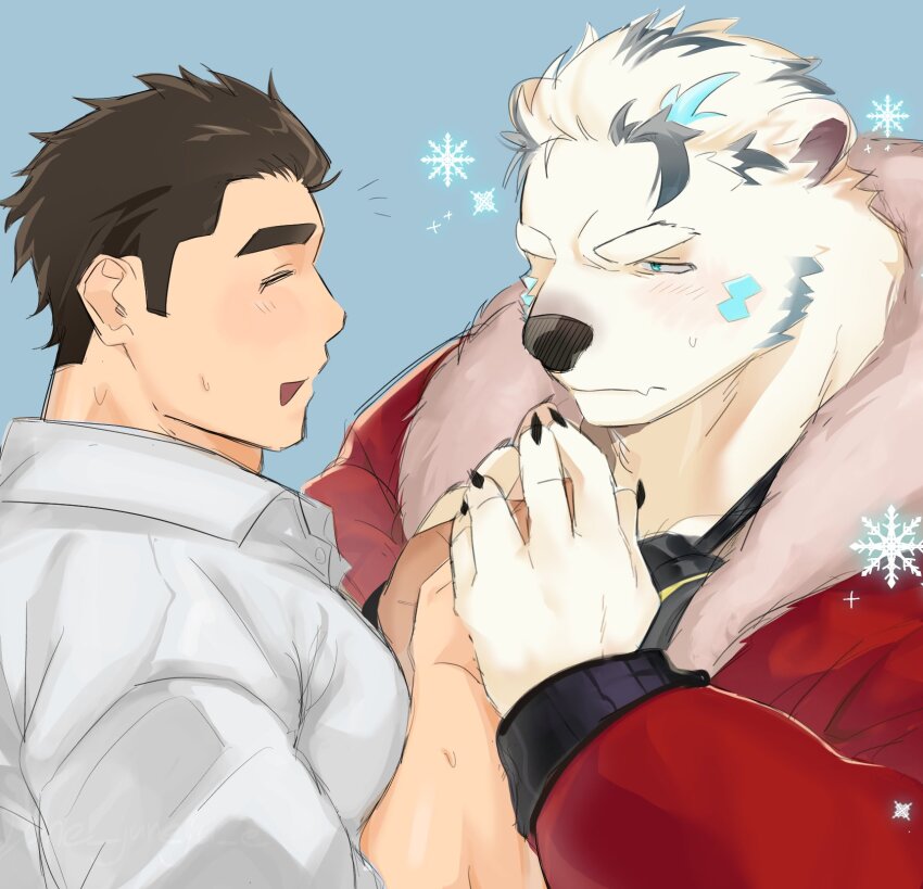 animal_ears back_hair facial_hair highres huge_pectorals jack_frost_(housamo) muscular muscular_male one_juneju_e pectorals protagonist_3_(housamo) simple_background sparse_arm_hair sparse_navel_hair tokyo_houkago_summoners