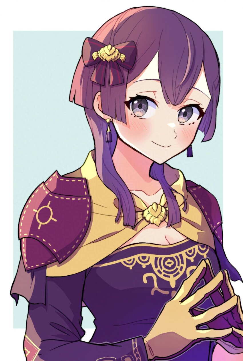 1girl bernadetta_von_varley bernadetta_von_varley_(timeskip) breasts cleavage dress fire_emblem fire_emblem:_three_houses gloves gogatsu_(yeaholiday) hair_ribbon highres medium_breasts nintendo own_hands_together purple_dress purple_eyes purple_hair ribbon solo