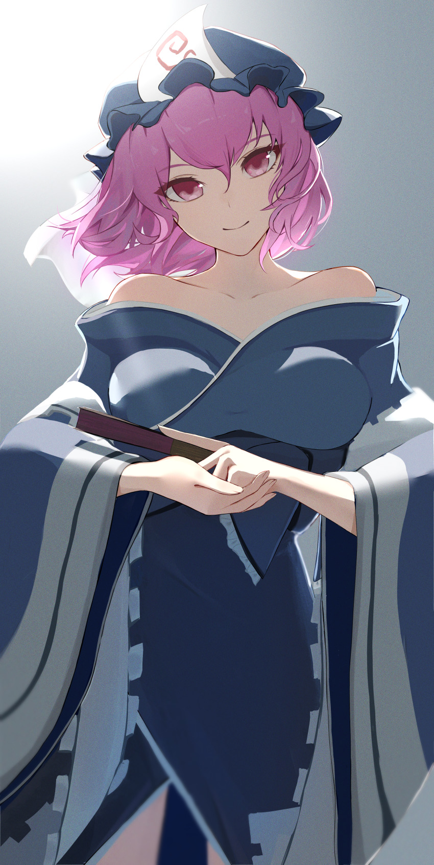 1girl absurdres backlighting bare_shoulders blue_kimono collarbone floating_hair hand_fan hat head_tilt highres holding holding_fan japanese_clothes kimono looking_at_viewer mob_cap off_shoulder palulap paper_fan pink_eyes pink_hair saigyouji_yuyuko short_hair simple_background smile solo touhou wide_sleeves