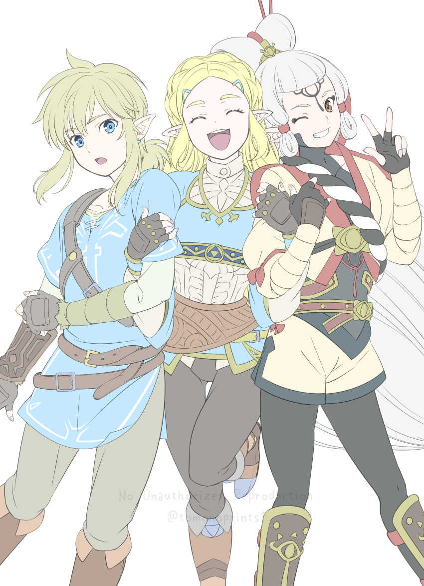 1boy 2girls absurdres black_pants blonde_hair blue_eyes blue_shirt blue_tunic boots braid breasts champion&#039;s_tunic_(zelda) closed_eyes crown_braid eye_symbol facial_mark fingerless_gloves forehead_mark forehead_tattoo gloves hair_ornament hair_stick hairclip highres hyrule_warriors:_age_of_calamity impa link long_hair looking_at_viewer multiple_girls nintendo one_eye_closed open_mouth pants pointy_ears princess_zelda red_eyes sheikah shirt short_hair sidelocks smile teeth the_legend_of_zelda the_legend_of_zelda:_breath_of_the_wild tomo.puri tunic v white_hair