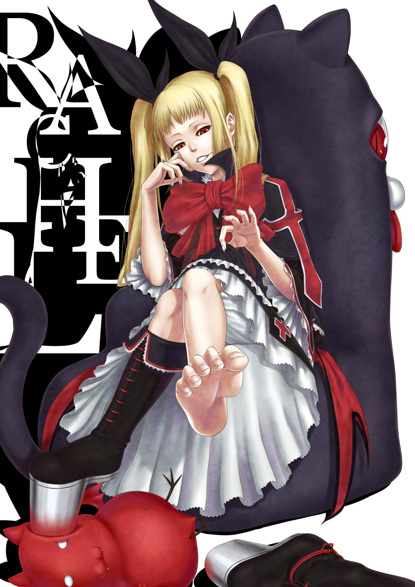 1girl absurdres barefoot black_boots black_dress black_ribbon blazblue bleachist blonde_hair bloomers boots bow bowtie character_name clothes_lift commentary_request dress dress_lift eyelashes feet fingernails frilled_dress frilled_sleeves frills full_body gii hair_ribbon hands_up head_tilt highres huge_bow kubo_tite_(style) lifting_own_clothes long_hair long_sleeves looking_at_viewer nago naughty_face parted_lips rachel_alucard red_bow red_bowtie red_eyes ribbon sharp_fingernails simple_background single_boot sitting slit_pupils smile soles solo straight_hair toenails toes twintails underwear white_background white_bloomers wide_sleeves