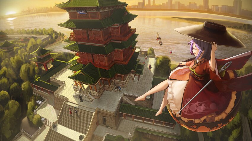 6+girls absurdres barefoot black_headwear bowl bowl_hat chinese_commentary cirno cityscape commentary_request disembodied_head double_dealing_character full_body hakurei_reimu hat highres imaizumi_kagerou in_bowl in_container japanese_clothes kijin_seija kimono kirisame_marisa multiple_girls needle outdoors purple_hair red_eyes red_kimono redden_wang river scenery sekibanki shining_needle_castle short_hair solo_focus stairs sukuna_shinmyoumaru touhou tree wakasagihime