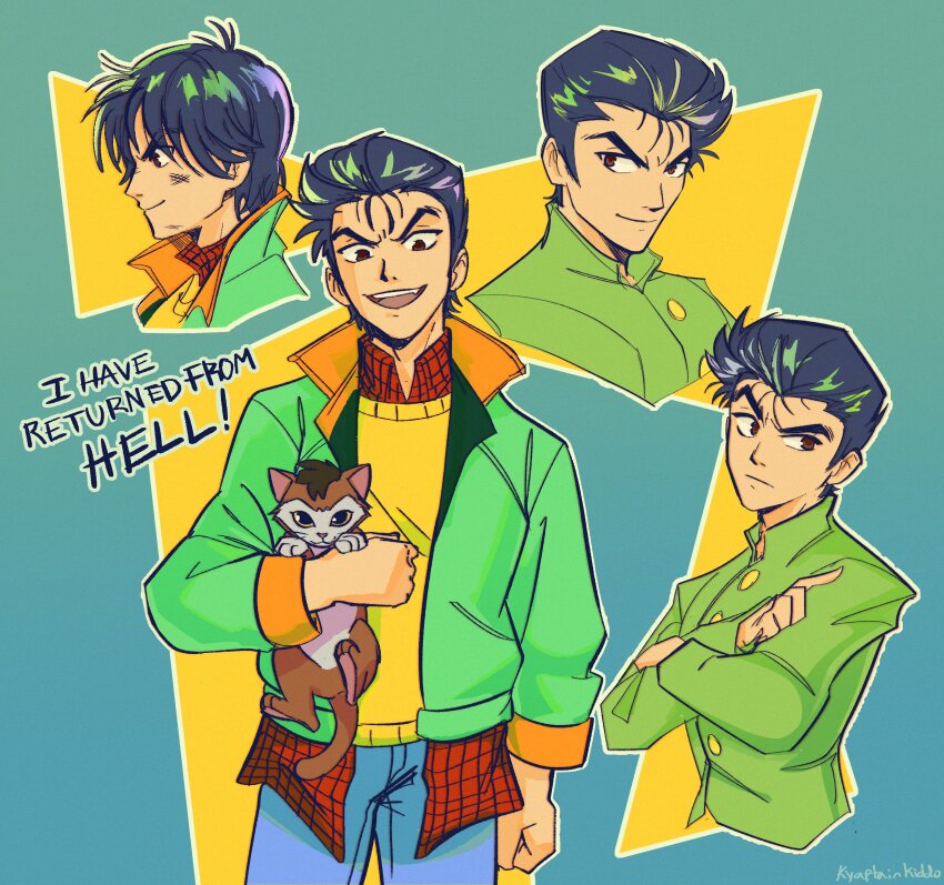 1boy abstract_background absurdres animal black_hair brown_eyes cat commentary english_text from_side green_jacket hair_slicked_back highres holding holding_animal jacket looking_at_viewer male_focus multiple_views open_mouth outline sam_(kyaptainkiddo) shirt short_hair smile standing upper_body urameshi_yusuke yuu_yuu_hakusho