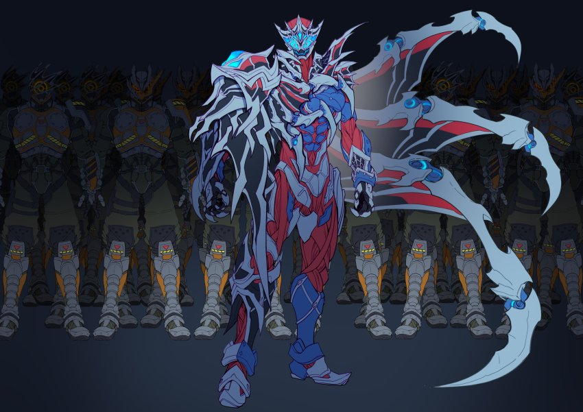 1boy absurdres armor armored_boots army asymmetrical_armor asymmetrical_horns black_gloves blue_eyes bodysuit boots cape catball1994 commentary cowboy_shot extra_eyes gloves head_tilt highres horns kamen_rider kamen_rider_demons kamen_rider_revice kuwagata_genome looking_at_viewer male_focus military military_uniform multiple_boys red_bodysuit rider_belt signature silk soldier solo_focus spider_genome spider_trooper spider_web spiked_armor stag_beetle_trooper standing stylistic tokusatsu upper_body vest visor visor_(armor)