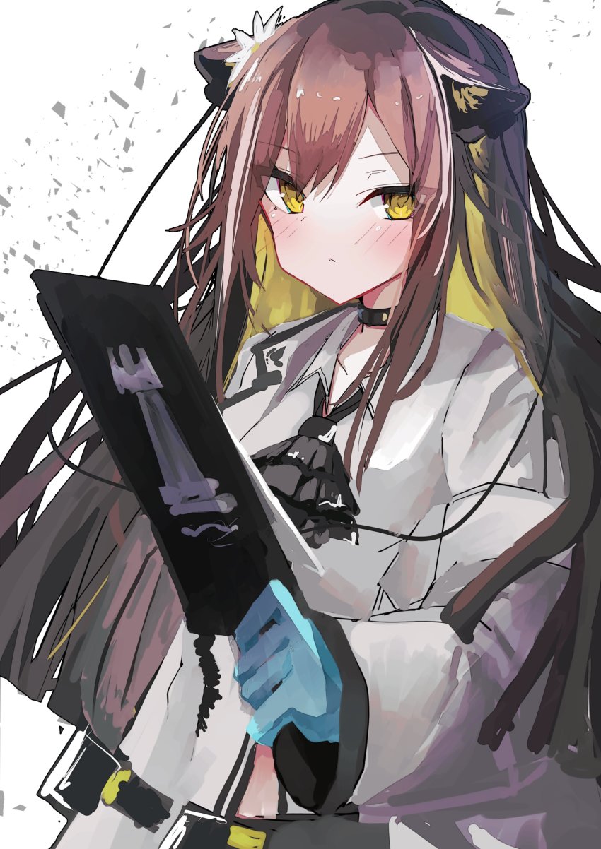 1girl absurdres animal_ears aqua_gloves arknights blonde_hair blush brown_hair commentary_request flower folinic_(arknights) gloves hair_between_eyes hair_flower hair_ornament highres holding jacket kamiya_mitobe long_hair looking_at_viewer multicolored_hair parted_lips rhodes_island_logo_(arknights) shirt solo upper_body white_shirt yellow_eyes