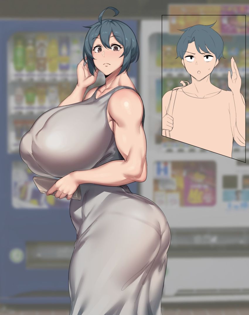1boy 1girl ass ban_(natedecock) blue_hair breasts brown_eyes cellphone dress highres holding holding_phone huge_breasts mother_and_son natedecock natsumi_(natedecock) phone short_hair smartphone sundress
