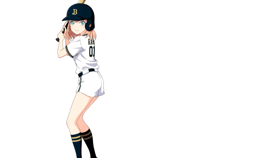 anime_coloring aqua_eyes baseball_bat baseball_helmet baseball_uniform batting_stance belt black_belt black_helmet black_socks closed_mouth feet_out_of_frame hands_up helmet highres hinoshita_kaho holding holding_baseball_bat link!_like!_love_live! looking_at_viewer love_live! medium_hair negative_space nippon_professional_baseball official_art orix_buffaloes outline pink_hair serious shirt shorts socks sportswear transparent_background virtual_youtuber white_outline white_shirt white_shorts