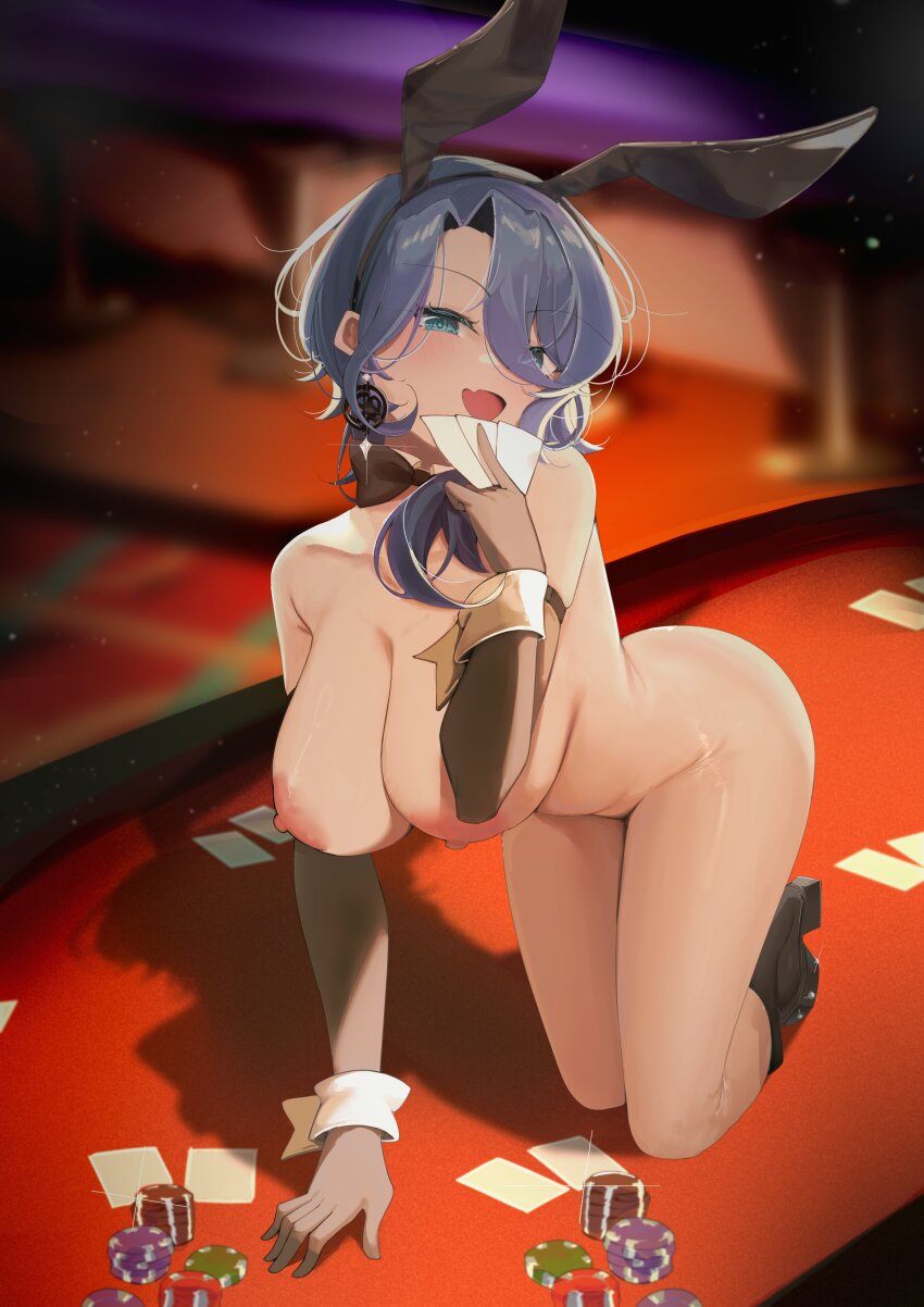 1girl absurdres animal_ear_hairband animal_ears black_shoes blue_eyes blurry blurry_background blush breasts collarbone commentary earrings elbow_gloves english_commentary fake_animal_ears gleam gloves grey_hair hairband highres jewelry kebohan kneeling large_breasts leotard long_hair naked_bowtie nipples nude on_table open_mouth phase_connect playboy_bunny poker_chip rabbit_ear_hairband rabbit_ears second-party_source shadow shisui_michiru_(phase_connect) shoes solo table virtual_youtuber white_wrist_cuffs wrist_cuffs