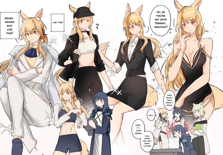 4girls absurdres alternate_costume anger_vein animal_ears arknights arya_melati blaze_(arknights) breasts cat_ears cat_girl chair cleavage crossed_arms doctor_(arknights) dreaming english_text female_doctor_(arknights) highres horse_ears horse_girl horse_tail kal&#039;tsit_(arknights) multiple_girls nearl_(arknights) nearl_the_radiant_knight_(arknights) paper_stack sleeping speech_bubble table tail
