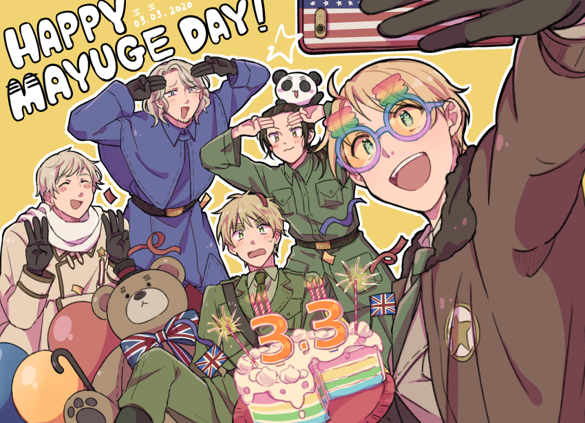 5boys america_(hetalia) animal animal_ears arm_up arms_up axis_powers_hetalia balloon belt black_belt black_gloves black_hair blonde_hair blue_capelet blue_eyes blue_jacket blush bow bowtie breast_pocket brown_eyes brown_jacket cake candle capelet cellphone china_(hetalia) closed_eyes closed_mouth coat collared_capelet collared_shirt commentary_request confetti dated english_text food france_(hetalia) fur-trimmed_jacket fur_trim gloves green_eyes green_jacket green_necktie green_pants green_shirt grey_hair holding holding_phone jacket lapels long_hair looking_at_animal looking_at_another looking_up low_ponytail male_focus medal military_jacket military_uniform multiple_boys nbsr necktie open_clothes open_jacket open_mouth orange-tinted_eyewear panda panda_ears pants phone plate pocket ponytail purple_eyes rainbow_cake round_eyewear russia_(hetalia) scarf shirt short_hair sidelocks simple_background sitting smartphone smile standing star-shaped_pupils star_(symbol) stuffed_animal stuffed_toy sunglasses sweatdrop symbol-shaped_pupils taking_picture teddy_bear teeth tinted_eyewear union_jack union_jack_print united_kingdom_(hetalia) white_scarf white_shirt yellow_background yellow_coat