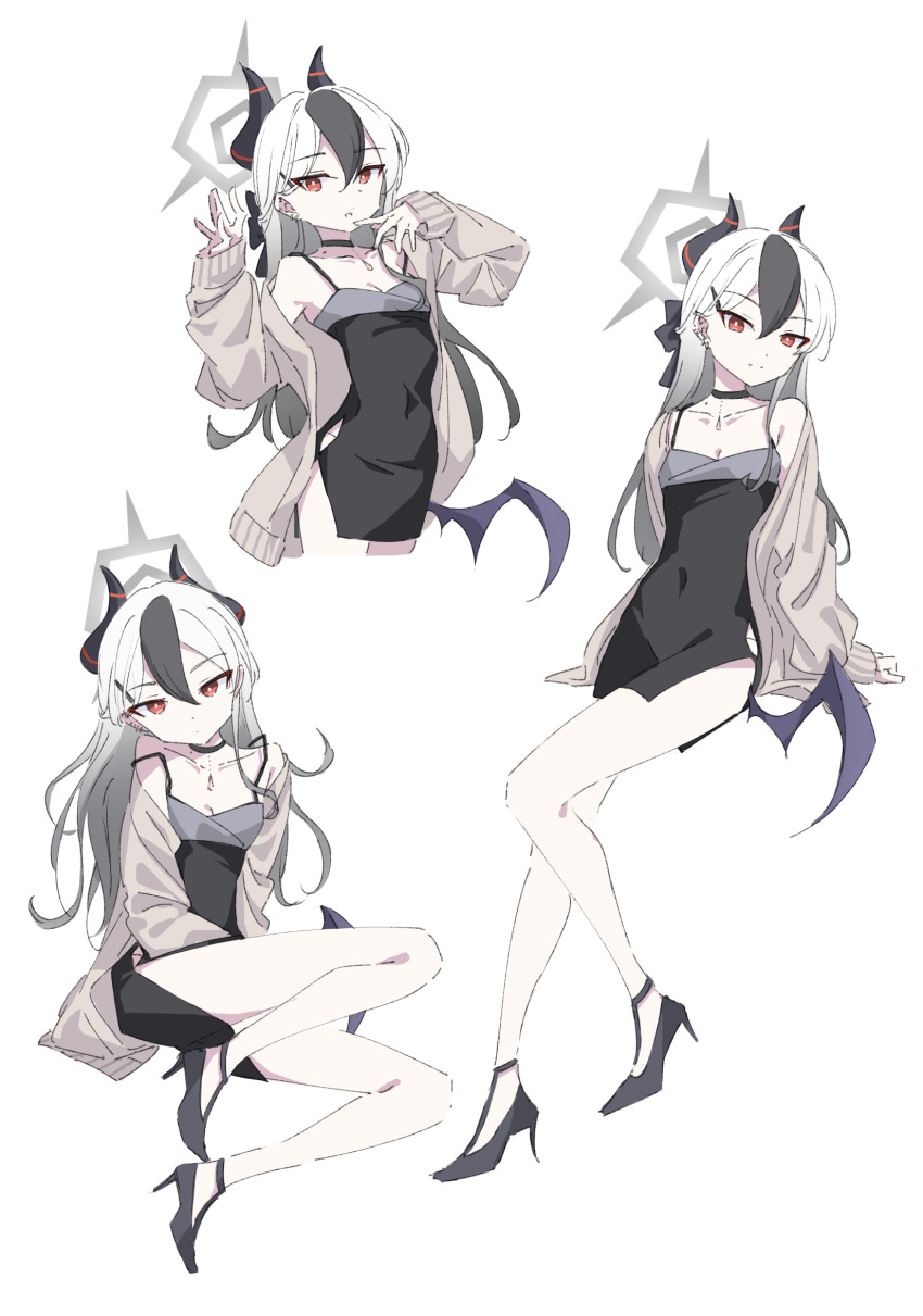 1girl 53c_(ray_cordova) bare_legs black_dress black_hair black_shoes blue_archive breasts cleavage collarbone commentary covered_navel dress ear_piercing gradient_hair grey_hair grey_jacket hair_between_eyes hair_ornament hairclip high_heels highres horns jacket kayoko_(blue_archive) kayoko_(dress)_(blue_archive) long_hair long_sleeves low_wings multicolored_hair multiple_views off_shoulder open_clothes open_jacket piercing puffy_long_sleeves puffy_sleeves purple_wings red_eyes shoes simple_background single_wing sleeves_past_wrists small_breasts two-tone_hair very_long_hair white_background white_hair wings