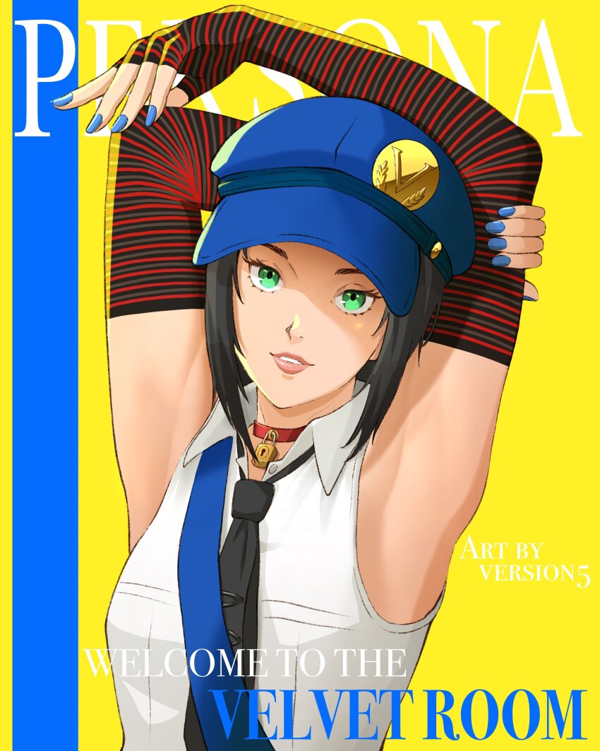 1girl absurdres arm_behind_head armpits arms_up black_gloves black_hair black_necktie blue_hat blue_nails choker commentary elbow_gloves english_commentary english_text fingerless_gloves gloves green_eyes hat highres lock looking_at_viewer loose_necktie marie_(persona_4) nail_polish necktie padlock padlocked_choker parted_lips persona persona_4 persona_4_the_golden pink_lips red_choker shirt short_hair sleeveless sleeveless_shirt solo striped_clothes striped_gloves upper_body version5art white_shirt