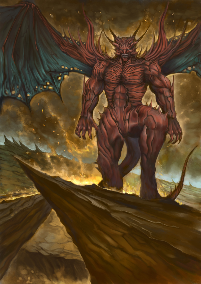 colored_skin creature demon demon_horns fantasy highres horns leg_up madowl mountainous_horizon muscular original red_skin red_wings rock sharp_teeth standing teeth underworld wings