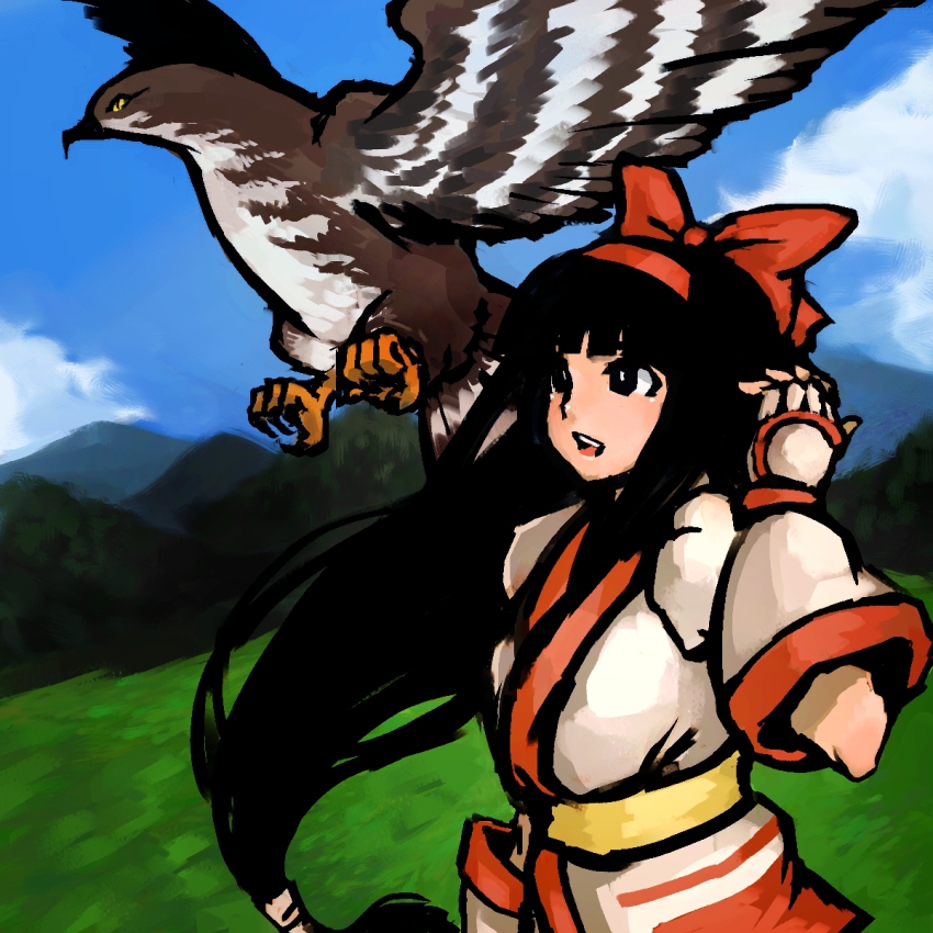 1girl ainu_clothes bird black_hair bow cloud day female_focus fingerless_gloves food_fighter_441 gloves hair_bow hairband hawk highres long_hair low-tied_long_hair mamahaha mountain nakoruru open_mouth red_bow samurai_spirits sky snk solo traditional_clothes very_long_hair