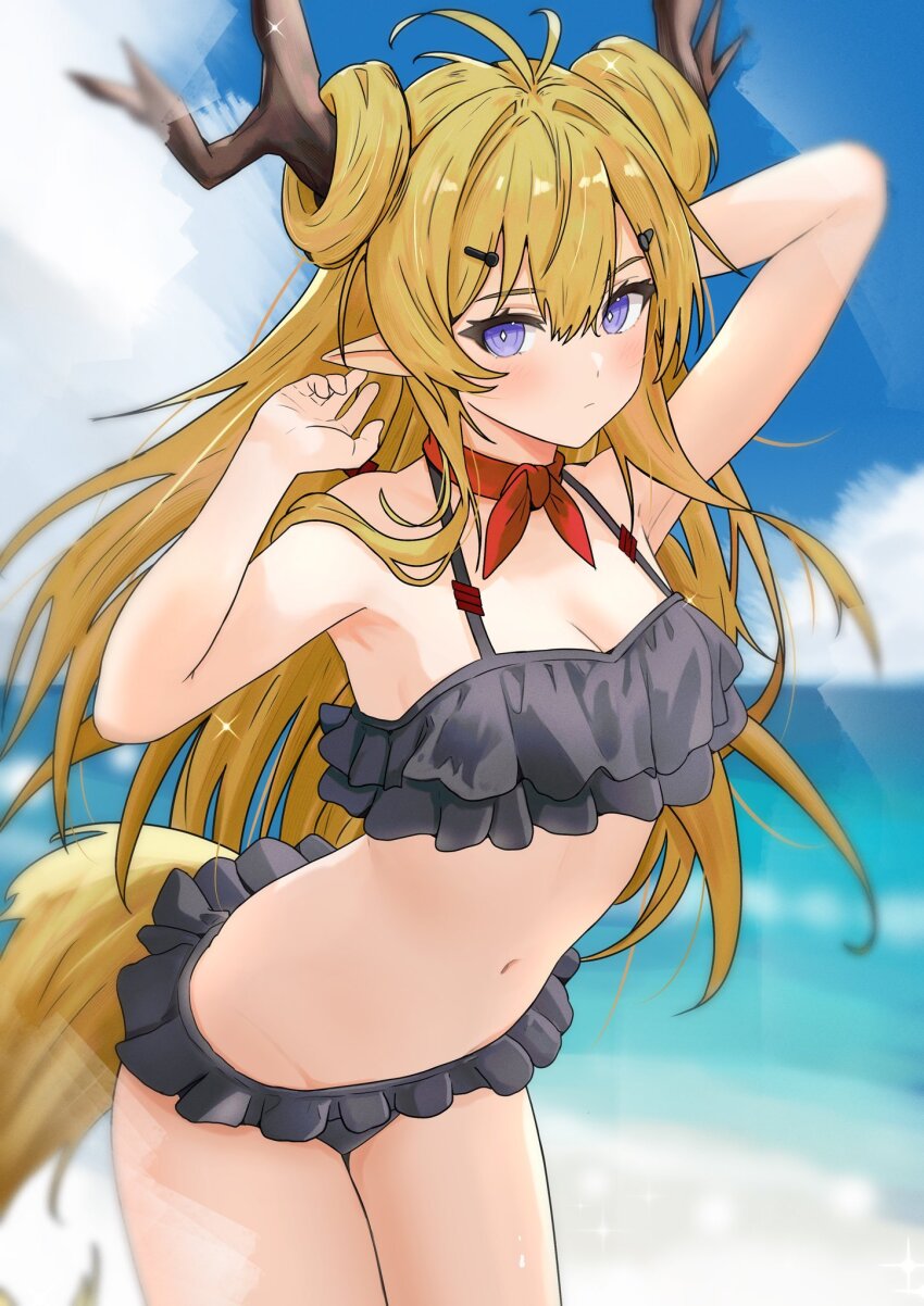 1girl alternate_costume antlers arknights bare_arms bare_shoulders beach bikini black_bikini blonde_hair blue_eyes blue_sky blurry blurry_background breasts cleavage frilled_bikini frills hair_ornament hairclip highres horns leizi_(arknights) long_hair looking_at_viewer navel neck_ribbon ocean pointy_ears red_ribbon ribbon sky solo sora_mame_(princess_0sora) swimsuit tail