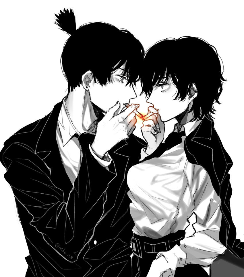1boy 1girl absurdres belt chainsaw_man cigarette cigarette_kiss earrings formal_clothes greyscale hayakawa_aki highres himeno_(chainsaw_man) holding holding_cigarette jewelry looking_at_another miba monochrome necktie ponytail shirt_tucked_in short_hair simple_background spot_color suit topknot twitter_username white_background