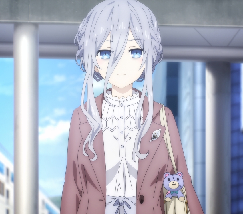 1girl anime_screenshot bag bags_under_eyes blue_eyes braid breasts date_a_live dress grey_hair hair_between_eyes handbag highres jacket large_breasts long_sleeves looking_at_viewer murasame_reine sidelocks stitched stuffed_animal stuffed_toy teddy_bear third-party_edit white_dress