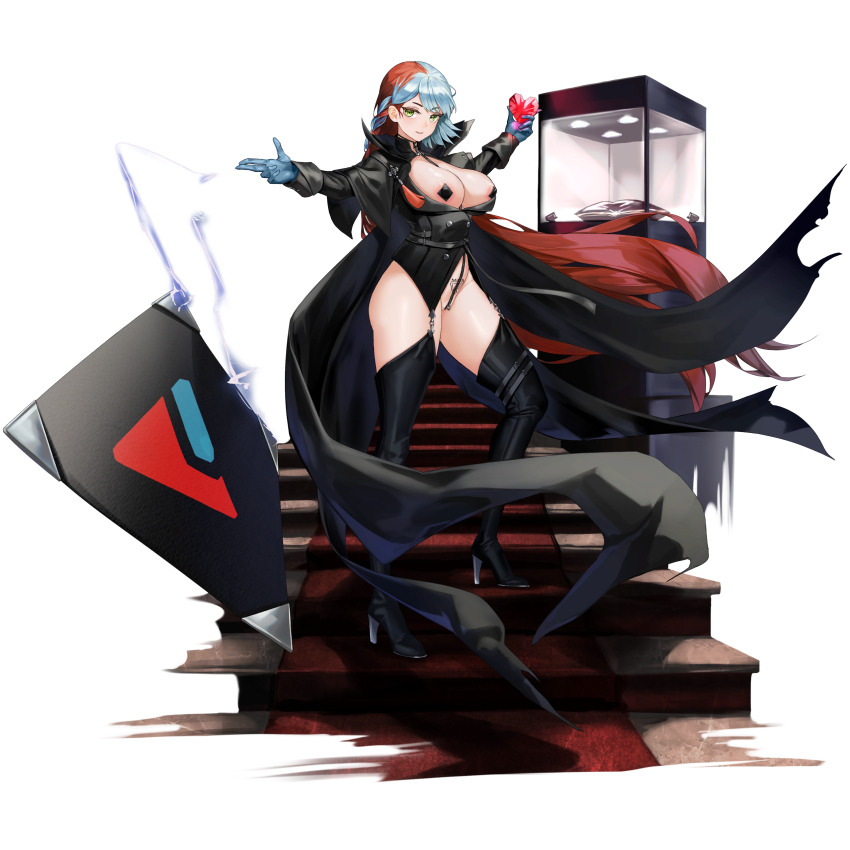 1girl absurdres areola_slip belt between_breasts black_belt black_boots black_cape black_coat black_pasties blue_gloves blue_hair bodysuit bodysuit_under_clothes boots braid breasts buttons cape card card_throwing cleavage coat covered_erect_nipples crotch_zipper d-log display_case double-breasted foreshortening framed_breasts full_body gem gloves green_eyes heart heart-shaped_gem high_collar high_heel_boots high_heels highres holding holding_gem knee_boots large_breasts last_origin light_blue_hair light_smile light_trail long_hair looking_at_viewer multicolored_hair multiple_belts neodym official_alternate_costume official_art phantom_thief pubic_tattoo red_carpet red_hair see-through_bodysuit see-through_clothes side_braid single_braid solo stairs standing tachi-e tattoo thigh_belt thigh_strap throwing torn_cape torn_clothes transparent_background two-tone_hair very_long_hair zipper