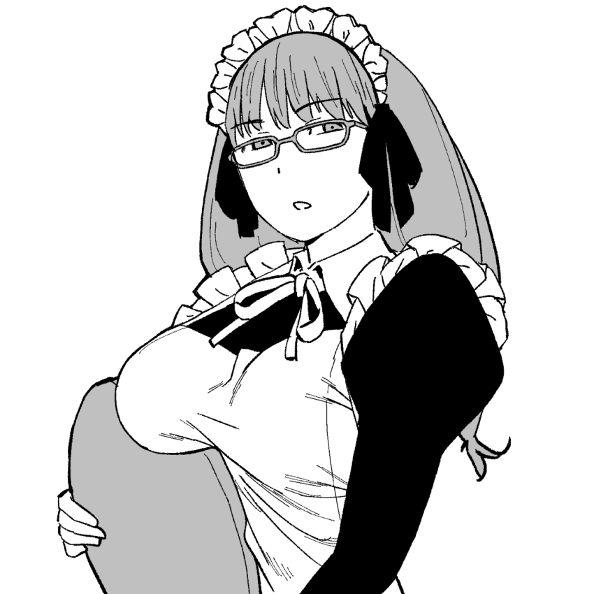 1girl apron breast_rest breasts commentary glasses greyscale hair_ribbon half-closed_eyes highres jitome large_breasts long_hair long_sleeves looking_at_viewer maid maid_apron maid_headdress monochrome neck_ribbon onsen_tamago_(hs_egg) open_mouth ribbon simple_background solo soredemo_machi_wa_mawatteiru standing tatsuno_toshiko tray upper_body white_background