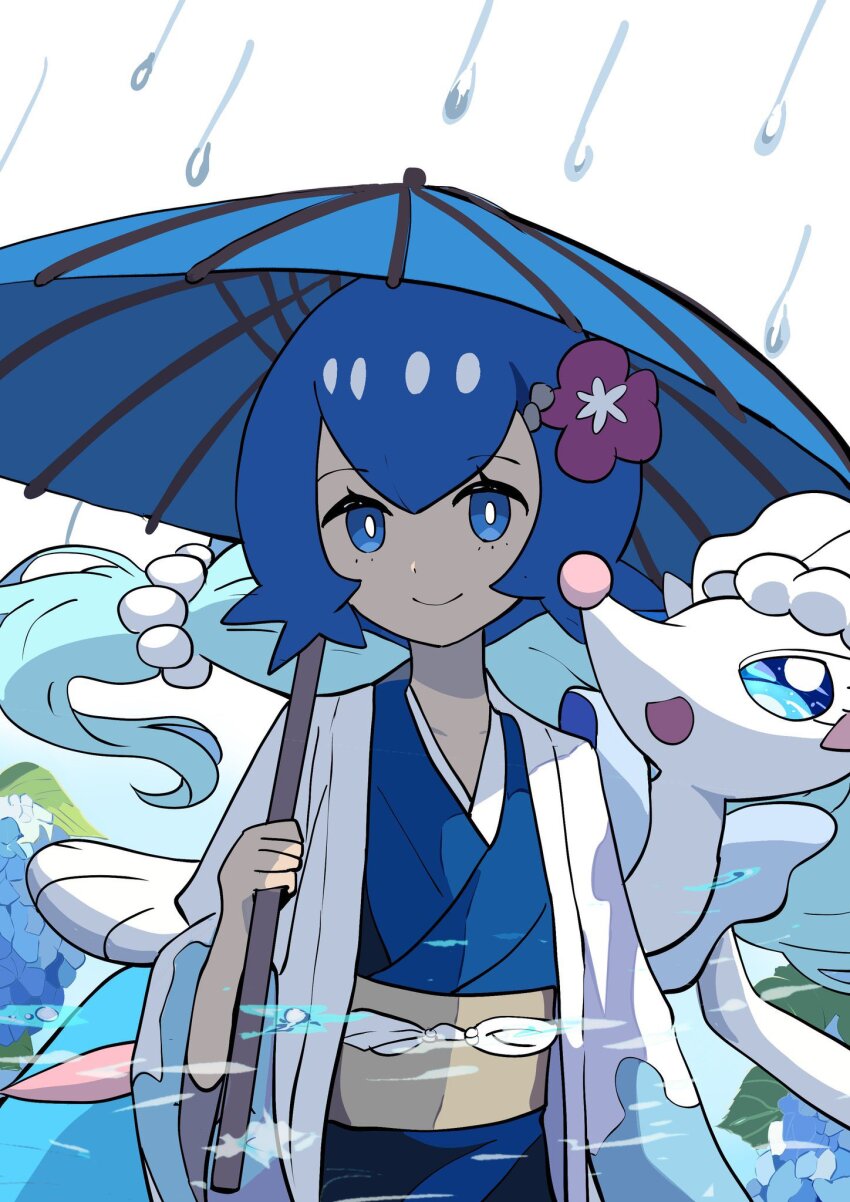 1girl :d blue_eyes blue_kimono bright_pupils closed_mouth commentary_request flower gen_7_pokemon hair_flower hair_ornament highres holding holding_umbrella japanese_clothes kimono lana_(pokemon) looking_at_viewer makademia nintendo open_mouth pokemon pokemon_(creature) pokemon_sm primarina rain red_flower sea_lion short_hair smile snout umbrella white_pupils