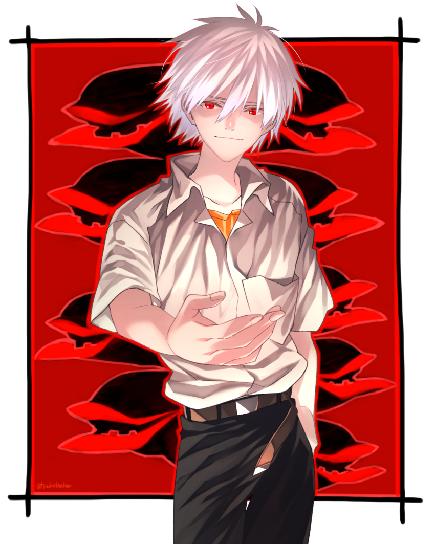 1boy belt belt_buckle black_pants breast_pocket brown_belt buckle closed_mouth collared_shirt commentary_request crew_neck hair_between_eyes highres layered_shirt looking_at_viewer male_focus mushi_kei nagisa_kaworu neon_genesis_evangelion open_collar orange_shirt outstretched_arm pants pocket red_eyes shirt shirt_tucked_in short_hair short_sleeves smile solo standing white_hair white_shirt wing_collar