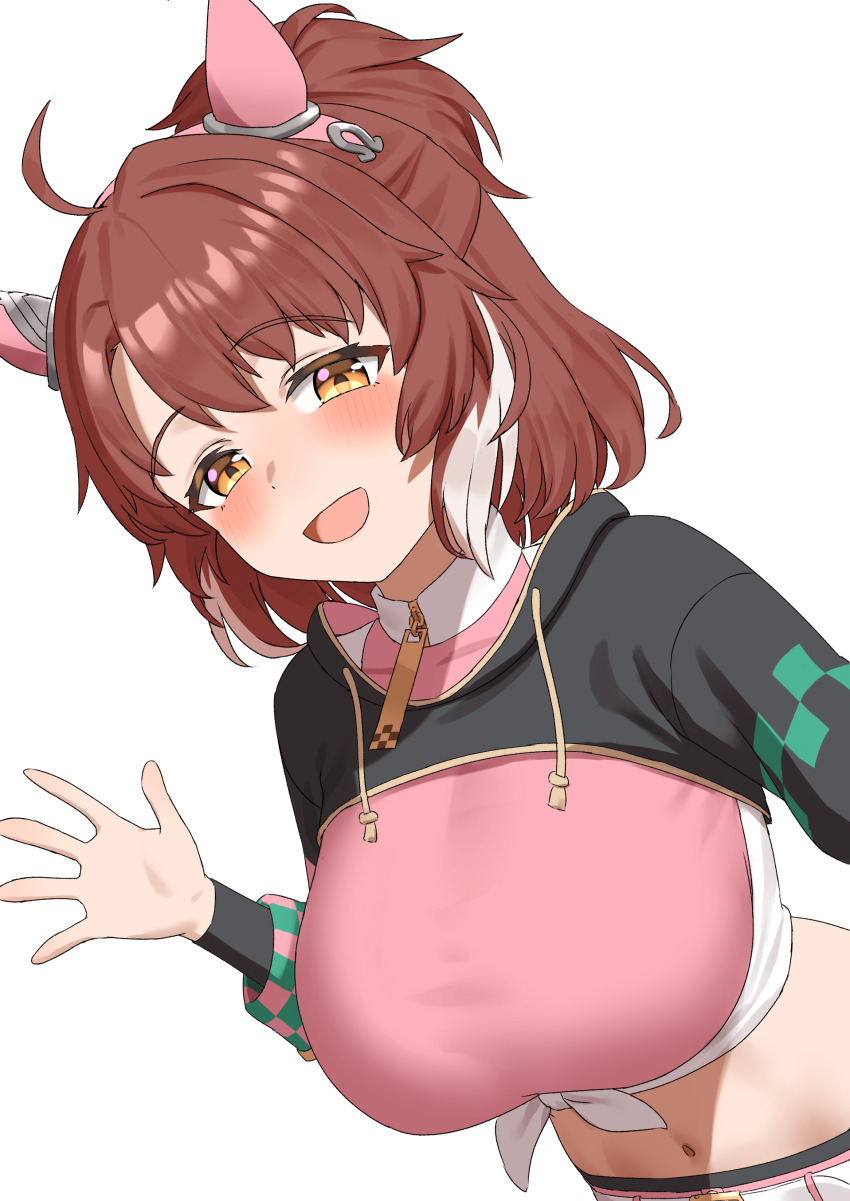 1girl :d absurdres animal_ears blush breasts brown_hair commentary_request dantsu_flame_(center_spotlight)_(umamusume) dantsu_flame_(umamusume) ear_covers factory314 highres horse_ears horse_girl large_breasts looking_at_viewer midriff navel open_mouth simple_background smile solo umamusume white_background yellow_eyes