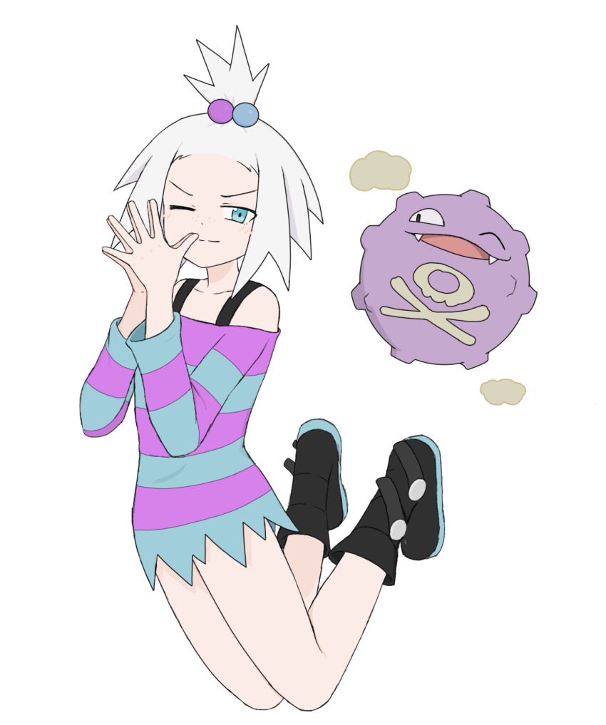 1girl black_boots boots closed_mouth collarbone commentary_request dress gen_1_pokemon grey_hair hair_bobbles hair_ornament hands_up highres jiang_jiang_(swpv5248) koffing looking_at_viewer medium_hair nintendo off-shoulder_dress off_shoulder pokemon pokemon_(creature) pokemon_bw2 roxie_(pokemon) short_dress simple_background smile split_mouth topknot white_background