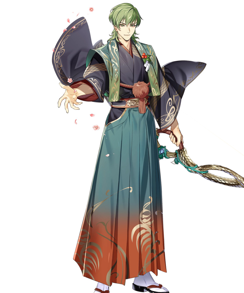 1boy black_kimono bow_(weapon) fire_emblem fire_emblem:_the_sacred_stones fire_emblem_heroes gradient_clothes gradient_kimono green_eyes green_hair green_kimono highres holding holding_bow_(weapon) holding_weapon innes_(fire_emblem) innes_(new_year)_(fire_emblem) japanese_clothes kimono looking_at_viewer medium_hair nintendo non-web_source official_alternate_costume official_art red_kimono sandals smile solo tabi tachi-e weapon