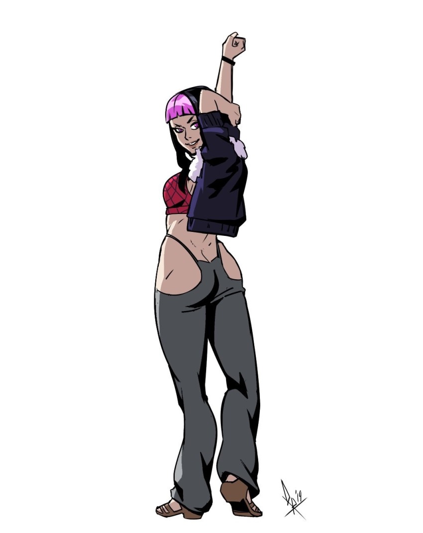 1girl alternate_costume arms_up ass black_hair bracelet breasts butt_crack casual crop_top cropped_jacket diepod female_focus flat_ass from_behind full_body fur_collar grin han_juri highleg highres hip_vent jacket jewelry lips looking_back medium_breasts medium_hair no_panties open_clothes open_jacket pants pink_hair purple_eyes sandals smile solo spider_web_print street_fighter street_fighter_iv_(series) stretching