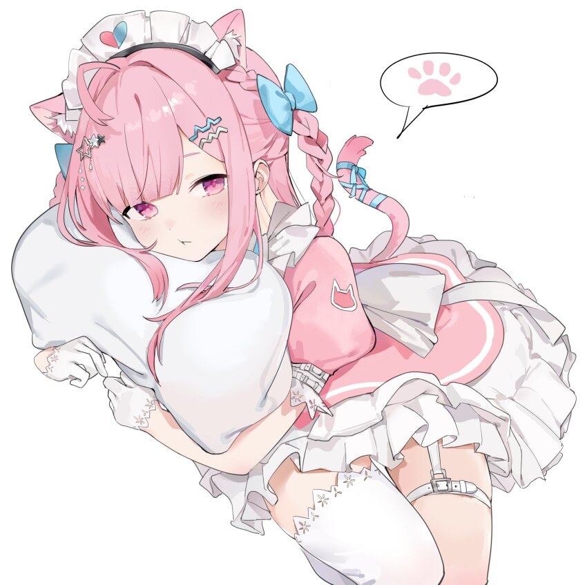 1girl ahoge animal_ears belt blue_bow blue_ribbon blush bow braid cat_ears cat_girl cat_hair_ornament cat_tail closed_mouth commentary dress extra_ears garter_straps gloves hair_bow hair_ornament hairclip highres hugging_object indie_virtual_youtuber long_hair looking_to_the_side maid maid_headdress mu_(muu14952955) pillow pillow_hug pink_dress pink_eyes pink_hair pink_tail pout ribbon sad short_sleeves simple_background single_garter_strap single_thighhigh solo spoken_paw_print star_(symbol) star_hair_ornament tail tail_ornament tail_ribbon thigh_belt thigh_strap thighhighs thighs two_side_up virtual_youtuber white_background white_belt white_garter_straps white_gloves white_thighhighs yuuki_sakuna