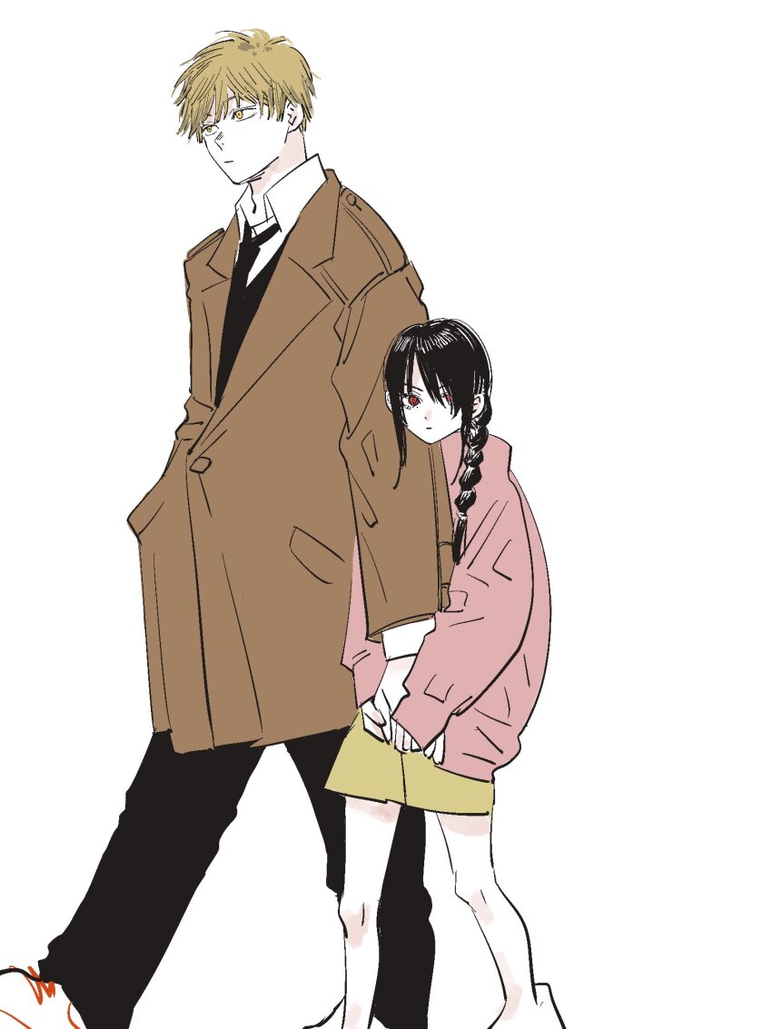 1boy 1girl arm_hug black_hair black_necktie black_pants blonde_hair braid brown_coat chainsaw_man closed_mouth coat commentary_request denji_(chainsaw_man) expressionless feet_out_of_frame hair_over_one_eye hair_over_shoulder height_difference highres holding_hands long_hair long_sleeves looking_ahead looking_at_viewer nayuta_(chainsaw_man) necktie needbee_r pants pink_sweater red_eyes shoes short_hair shorts side-by-side simple_background single_braid sneakers sweater walking white_background yellow_eyes yellow_shorts