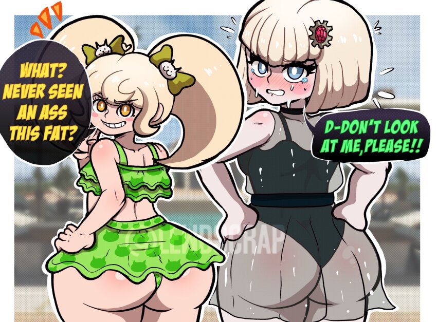 2girls ass ass_focus bikini blonde_hair blue_eyes blush bob_cut creator_connection crossover danganronpa_(series) danganronpa_2:_goodbye_despair english_text female_focus hand_on_own_hip hand_up hands_on_own_hips highres lewdscrap long_hair looking_at_viewer multiple_girls one-piece_swimsuit oosuzuki_kurara open_mouth saionji_hiyoko smile speech_bubble swimsuit teeth the_hundred_line_-last_defense_academy- turning_head twintails white_background yellow_eyes