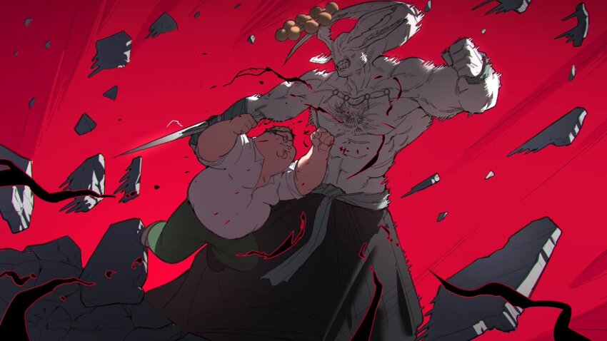 1boy brown_hair cleft_chin clenched_hands clenched_teeth crossover debris eyes_on_wings family_guy fat fat_man fighting glasses green_pants jujutsu_kaisen kowai_(iamkowai) mahoraga_(jujutsu_kaisen) muscular_other pants peter_griffin red_background round_eyewear shirt short_hair sword_of_extermination teeth very_short_hair white_shirt