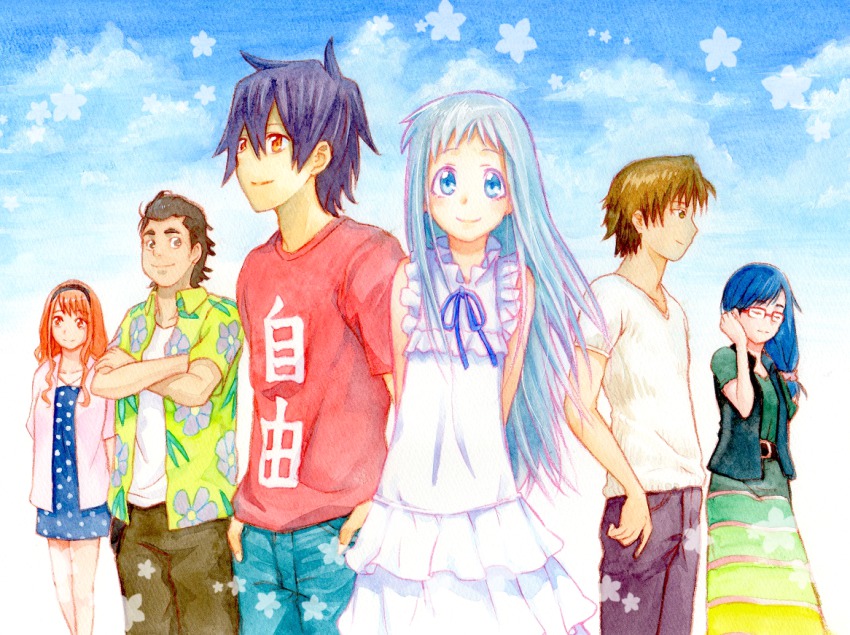 10s 3boys 3girls anjou_naruko ano_hi_mita_hana_no_namae_wo_bokutachi_wa_mada_shiranai. colored_pencil_(medium) hisakawa_tetsudou honma_meiko matsuyuki_atsumu multiple_boys multiple_girls traditional_media tsurumi_chiriko wedo yadomi_jinta