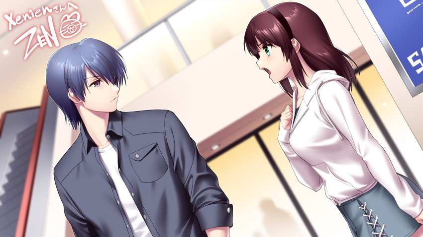 1boy 1girl angel_beats! arm_at_side black_hairband black_jacket blue_hair blurry blurry_background breasts casual closed_mouth collarbone commentary commission cross-laced_clothes cross-laced_skirt depth_of_field dutch_angle english_commentary eye_contact frown game_cg green_eyes grey_skirt hair_between_eyes hairband hand_up highres hinata_hideki hood hood_down hooded_jacket indoors jacket light_blush long_sleeves looking_at_another medium_breasts medium_hair miniskirt nakamura_yuri nose open_clothes open_jacket open_mouth paid_reward_available pencil_skirt purple_eyes purple_hair second-party_source shirt short_hair sidelocks signature skeb_commission skirt sleeves_past_wrists stairs teeth upper_teeth_only v-shaped_eyebrows white_jacket white_shirt zen_(kamuro)